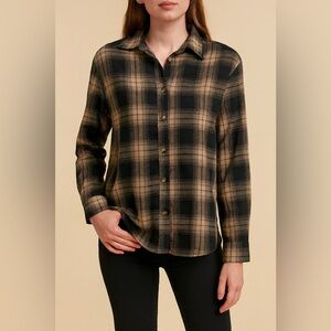 🖤 Fantaslook Women’s Plaid Button-Up Shirt – Classic Tan & Black Flannel Style